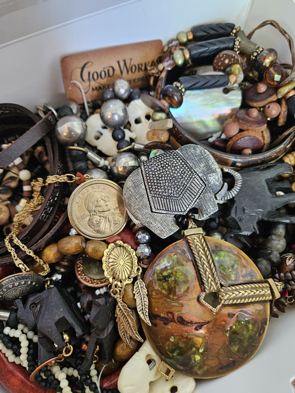 Estate Jewelry Lot Dark Neutral Boho Beads And Natural With Shells And Elephants